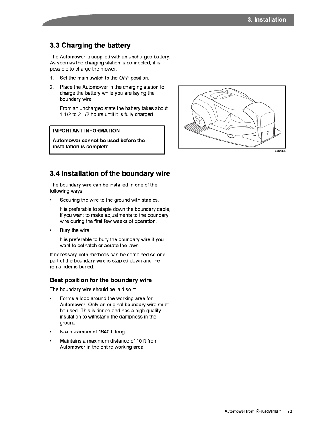 Husqvarna Automower manual Charging the battery, Installation of the boundary wire, Best position for the boundary wire 