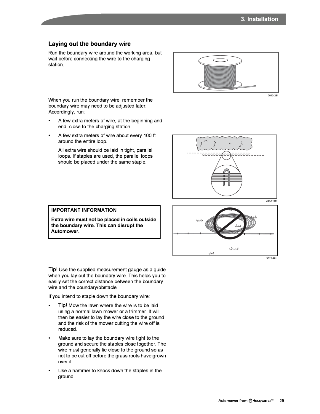 Husqvarna Automower manual Laying out the boundary wire, Installation, Important Information 
