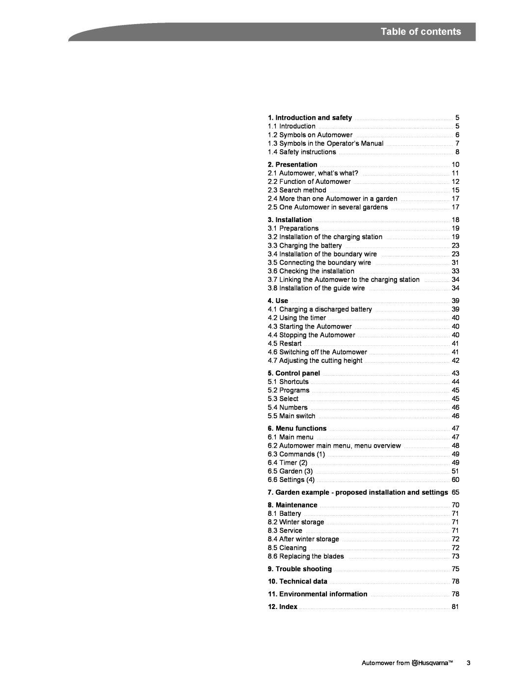 Husqvarna manual Table of contents, More than one Automower in a garden, Linking the Automower to the charging station 