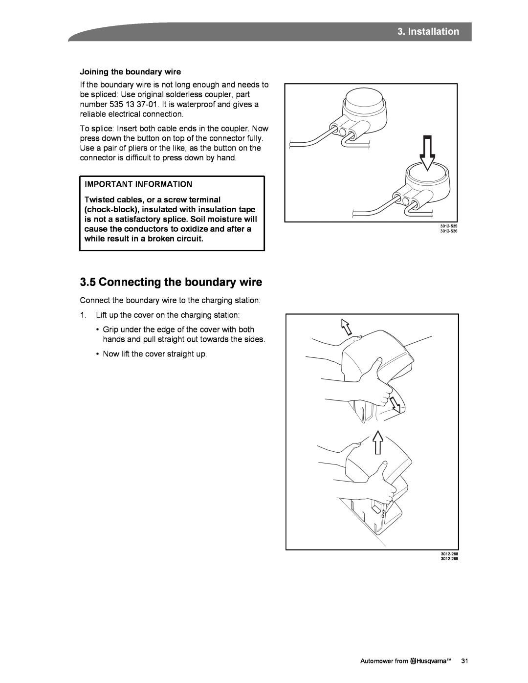 Husqvarna Automower manual Connecting the boundary wire, Joining the boundary wire, Installation, Important Information 