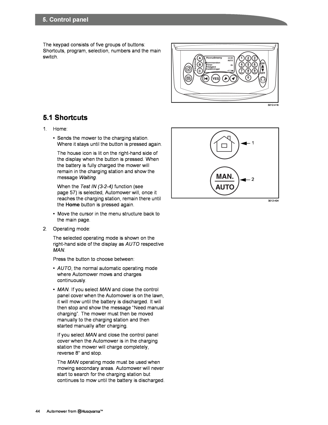 Husqvarna Automower manual Shortcuts, Control panel 