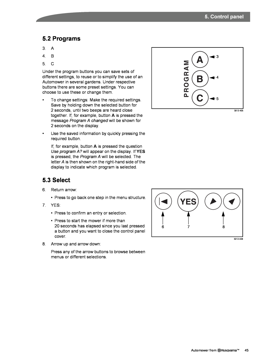 Husqvarna Automower manual Programs, Select, Control panel 