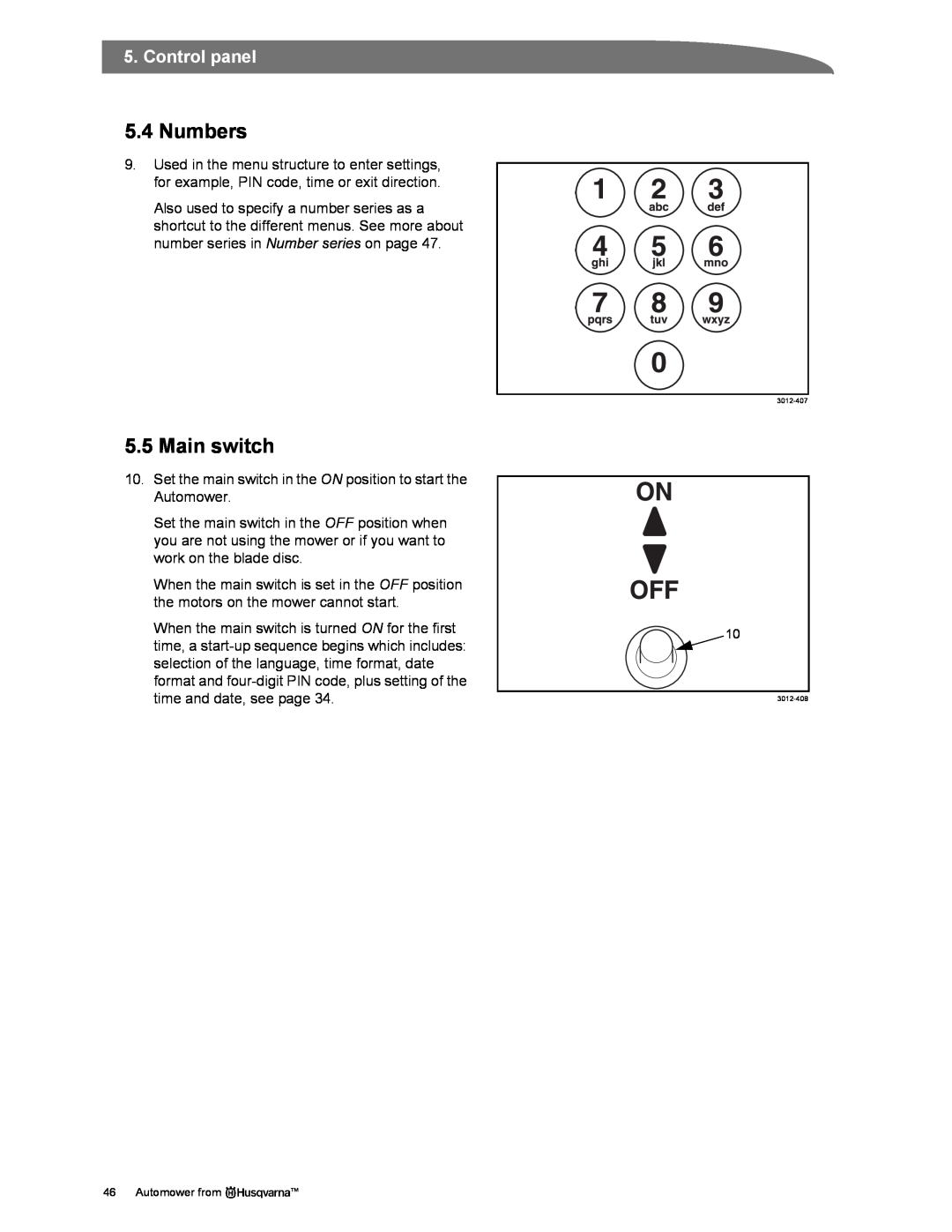 Husqvarna Automower manual 5.4Numbers, Main switch, Control panel 