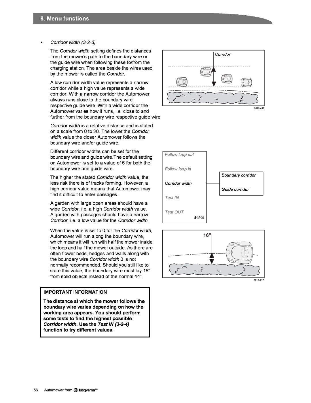Husqvarna Automower manual Menu functions, •Corridor width, Important Information, Boundary corridor Guide corridor 