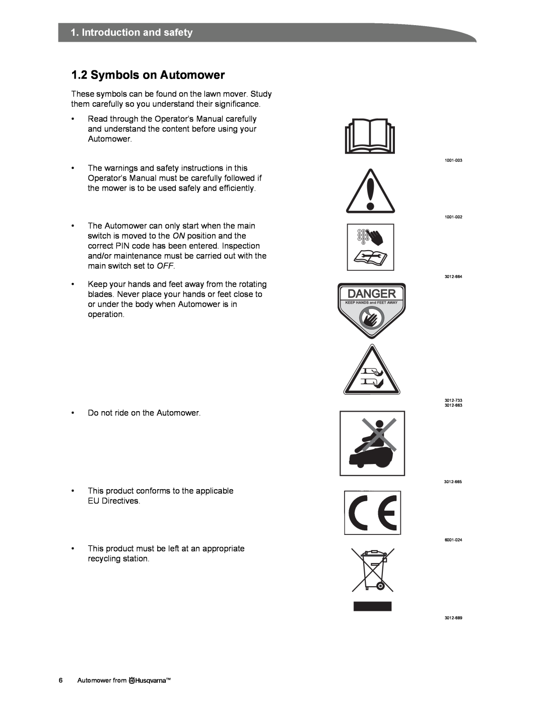 Husqvarna manual 1.2Symbols on Automower, Introduction and safety, Danger 