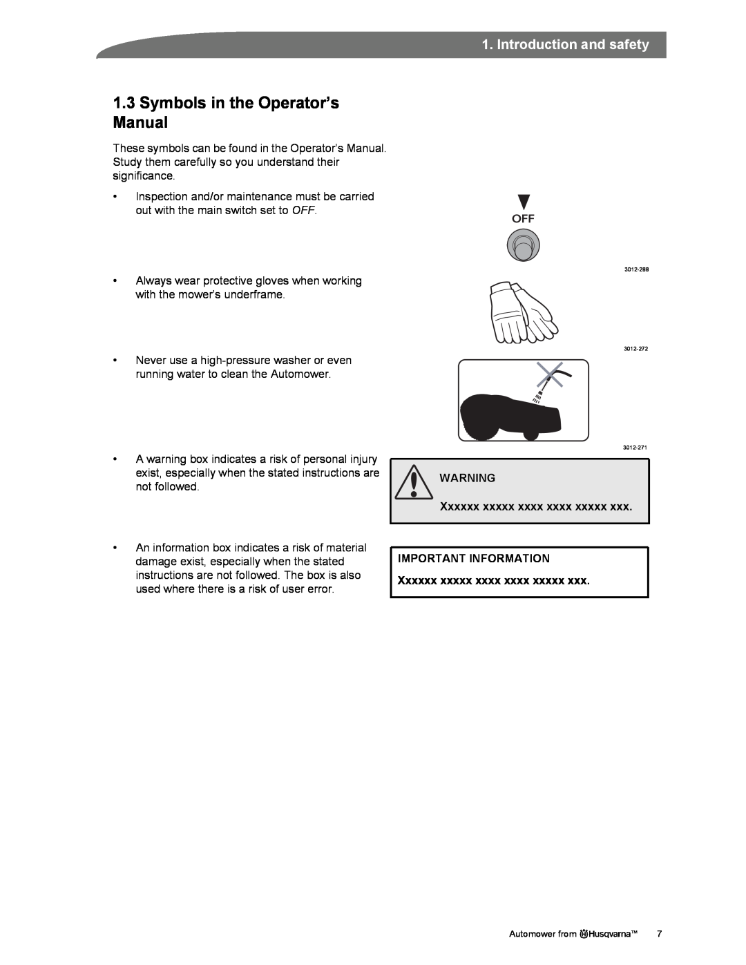 Husqvarna Automower manual 1.3Symbols in the Operator’s Manual, Xxxxxx xxxxx xxxx xxxx xxxxx, Introduction and safety 