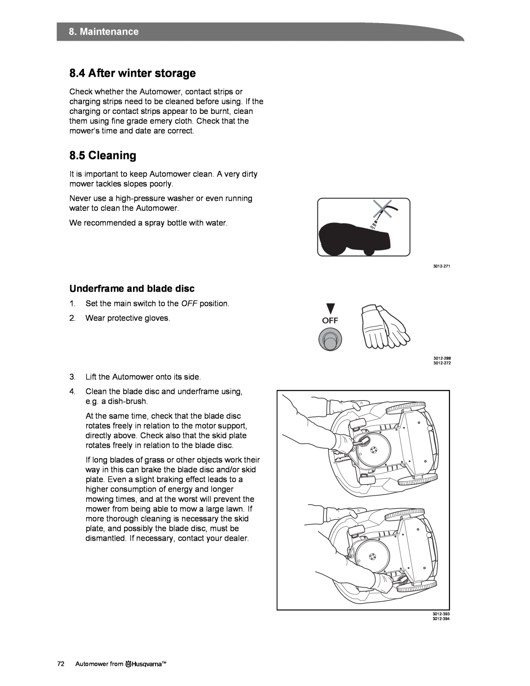 Husqvarna Automower manual After winter storage, Cleaning, Underframe and blade disc, Maintenance 
