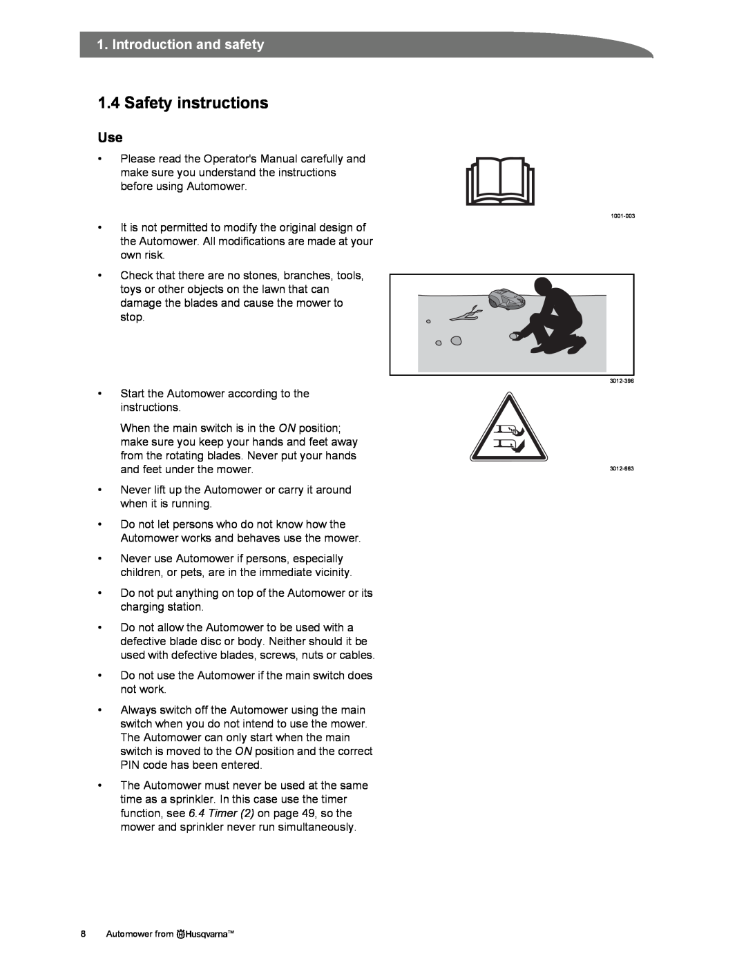 Husqvarna Automower manual 1.4Safety instructions, Introduction and safety 