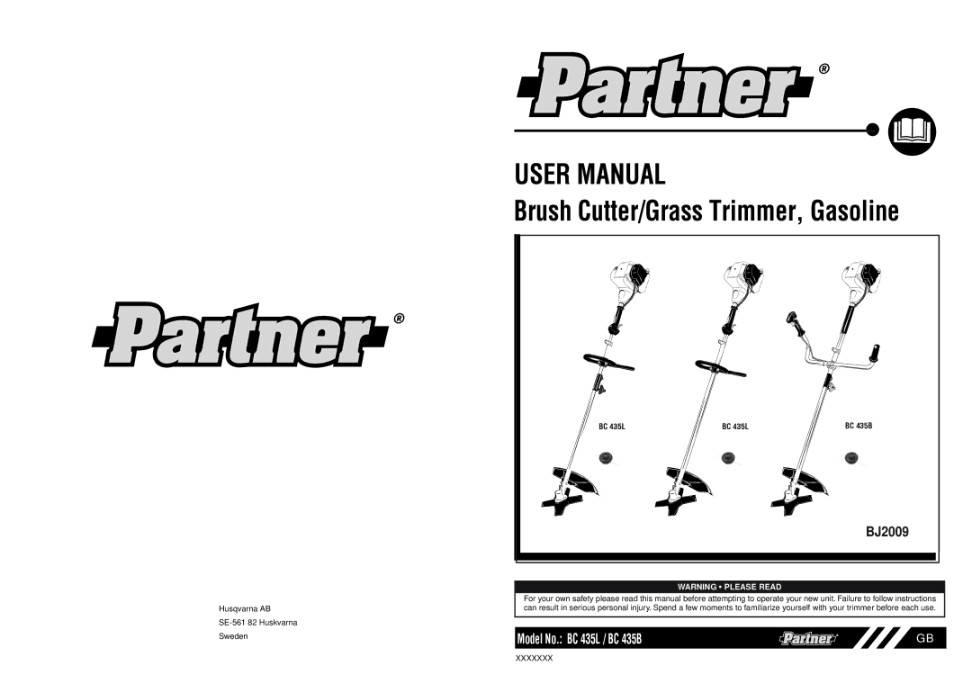Husqvarna BJ2009, BC 435L user manual Brush Cutter/Grass Trimmer, Gasoline, Husqvarna AB SE-561 82 Huskvarna Sweden 