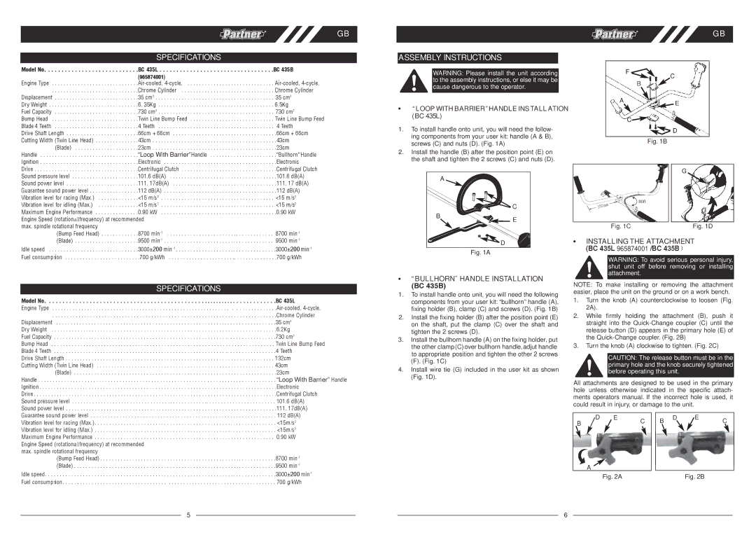 Husqvarna BJ2009, BC 435L Specifications, Assembly Instructions, BULLHORN¨ Handle Installation, Installing the Attachment 