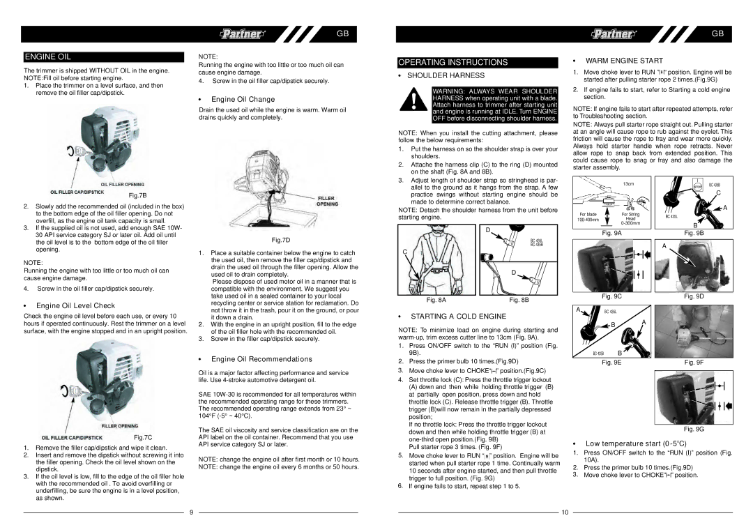 Husqvarna BC 435L, BJ2009, BC 435B user manual Engine OIL, Operating Instructions, Shoulder Harness, Starting a Cold Engine 