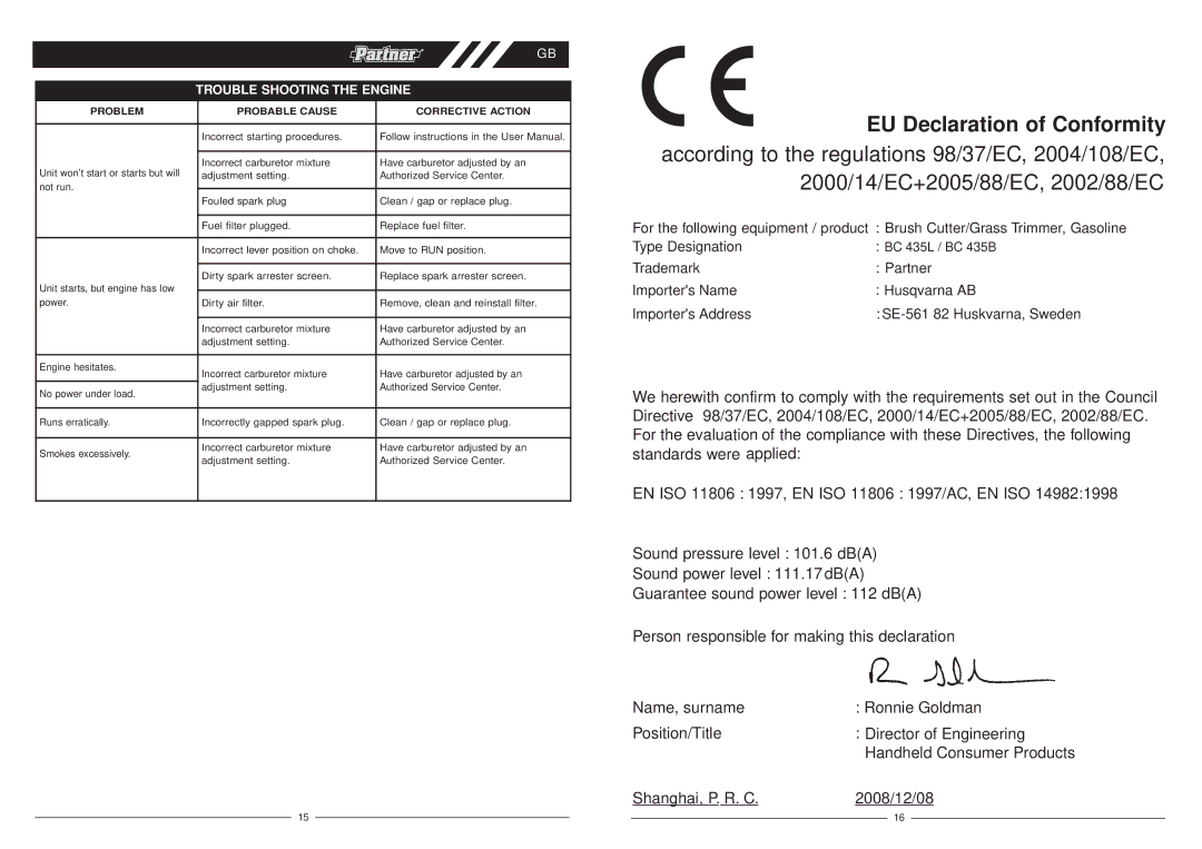 Husqvarna BC 435L, BJ2009, BC 435B user manual Trouble Shooting the Engine, Problem Probable Cause Corrective Action 