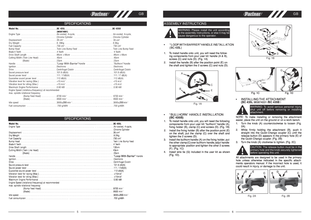 Husqvarna BJ2009 Specifications, Assembly Instructions, “ BULLHORN¨ HANDLE INSTALLATION BC 435B, Installing The Attachment 
