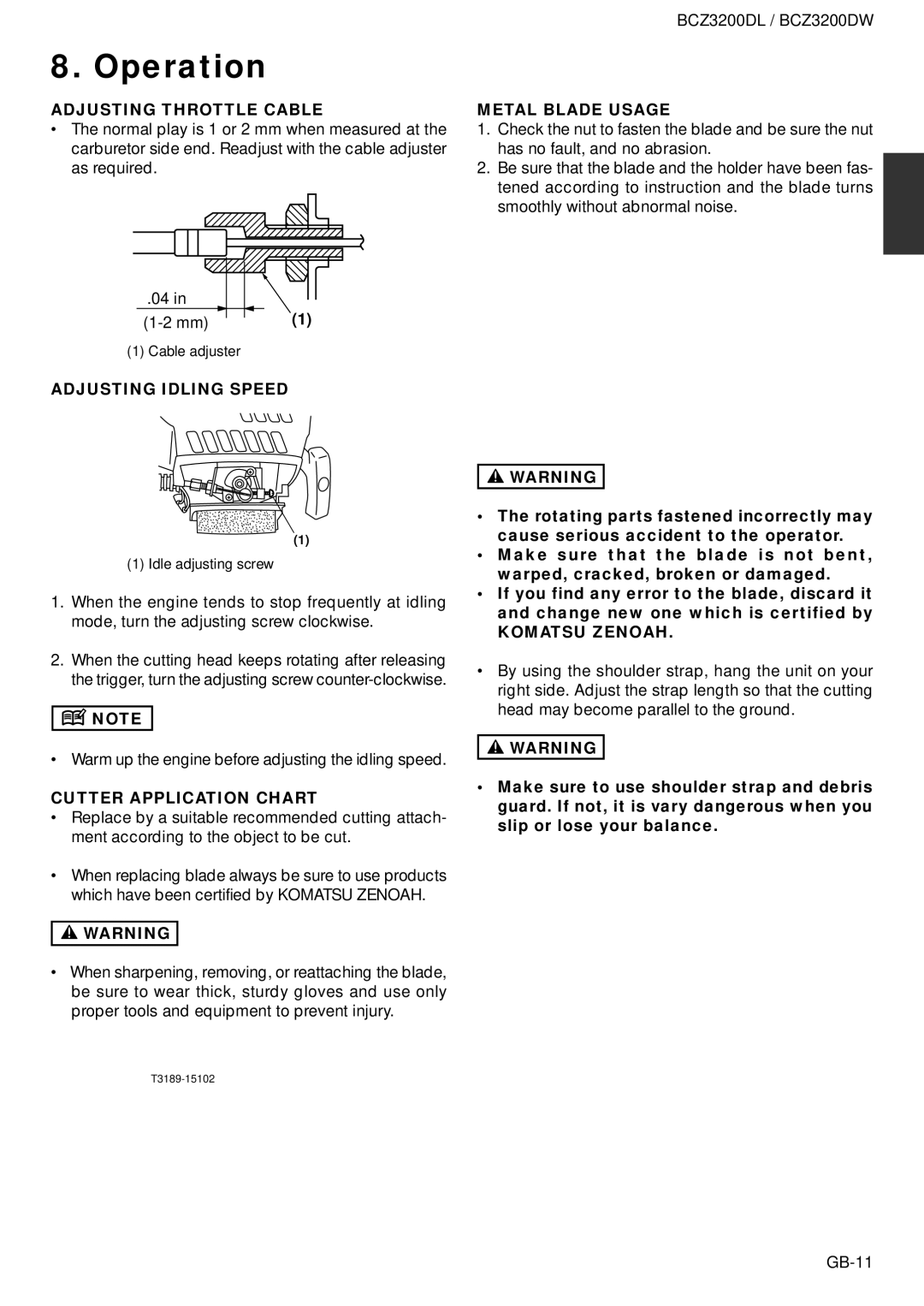 Husqvarna BCZ3200DW Adjusting Throttle Cable, Adjusting Idling Speed, Cutter Application Chart, Metal Blade Usage 