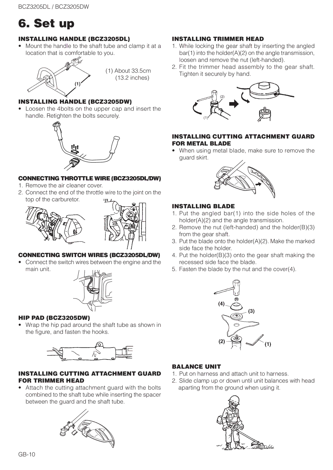 Husqvarna Installing Handle BCZ3205DL, Installing Handle BCZ3205DW, Connecting Throttle Wire BCZ3205DL/DW, Balance Unit 