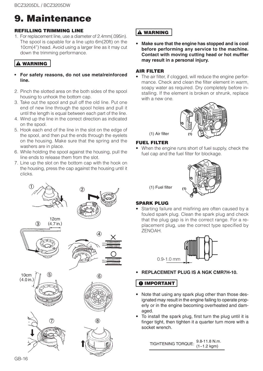 Husqvarna BCZ3205DL Refilling Trimming Line, AIR Filter, Fuel Filter, Spark Plug, Replacement Plug is a NGK CMR7H-10 