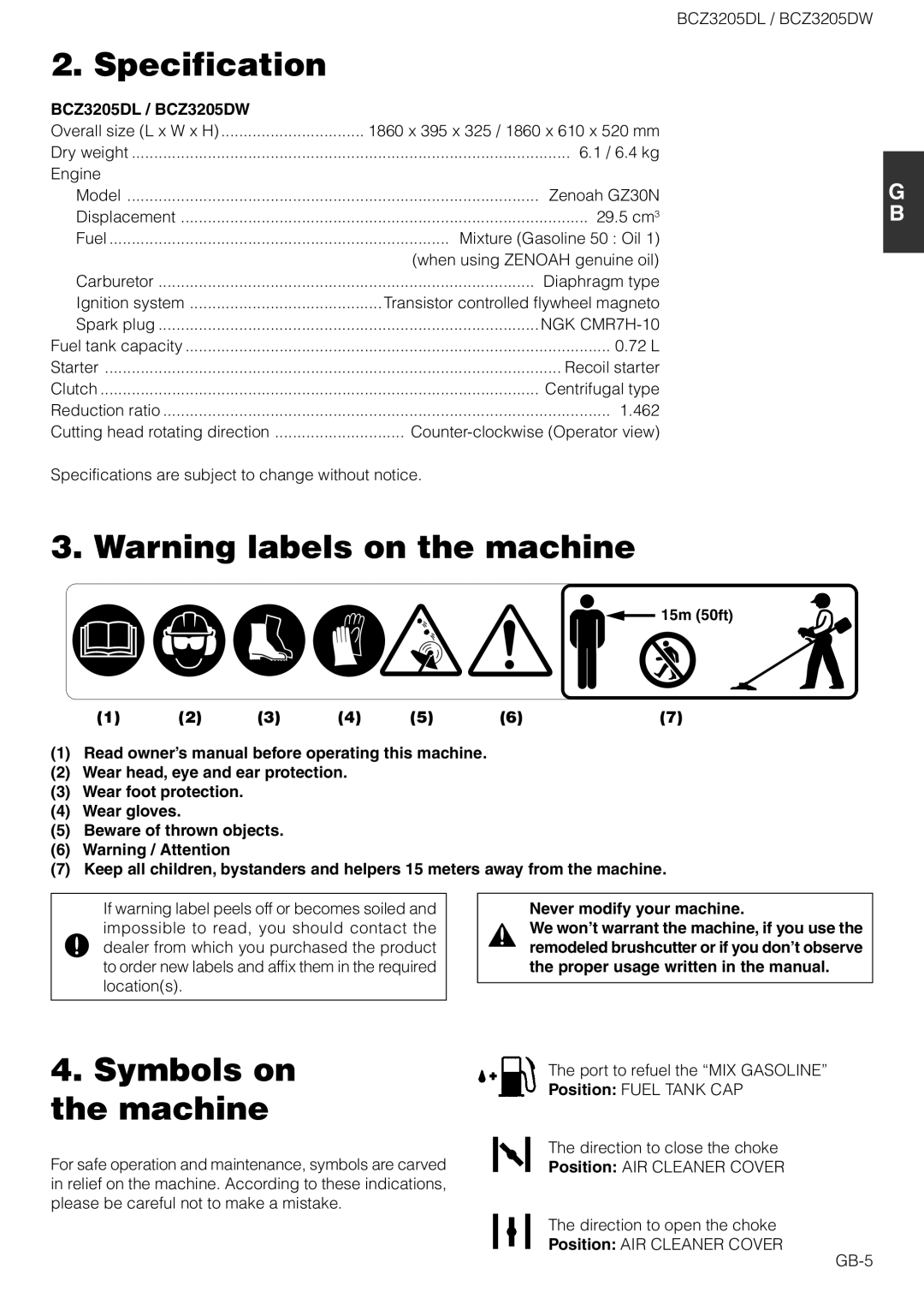 Husqvarna owner manual Specification, Symbols on the machine, BCZ3205DL / BCZ3205DW, Never modify your machine 