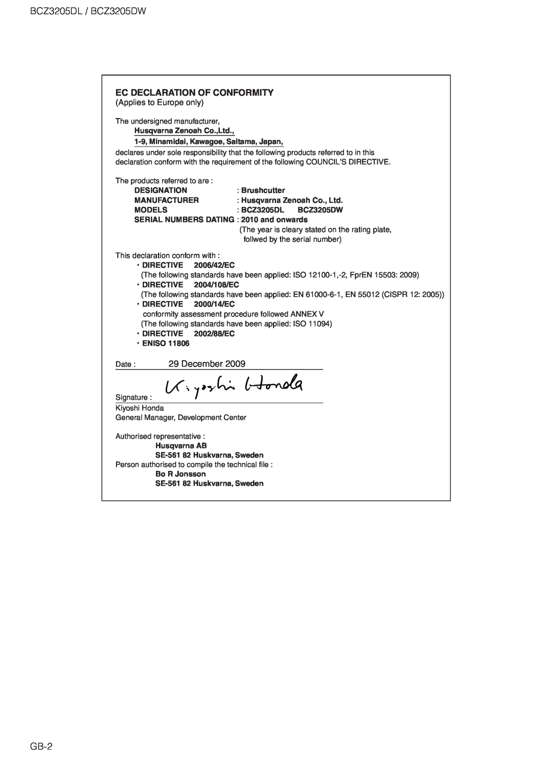 Husqvarna BCZ3205DL, BCZ3205DW owner manual Ec Declaration Of Conformity, Date 29 December 