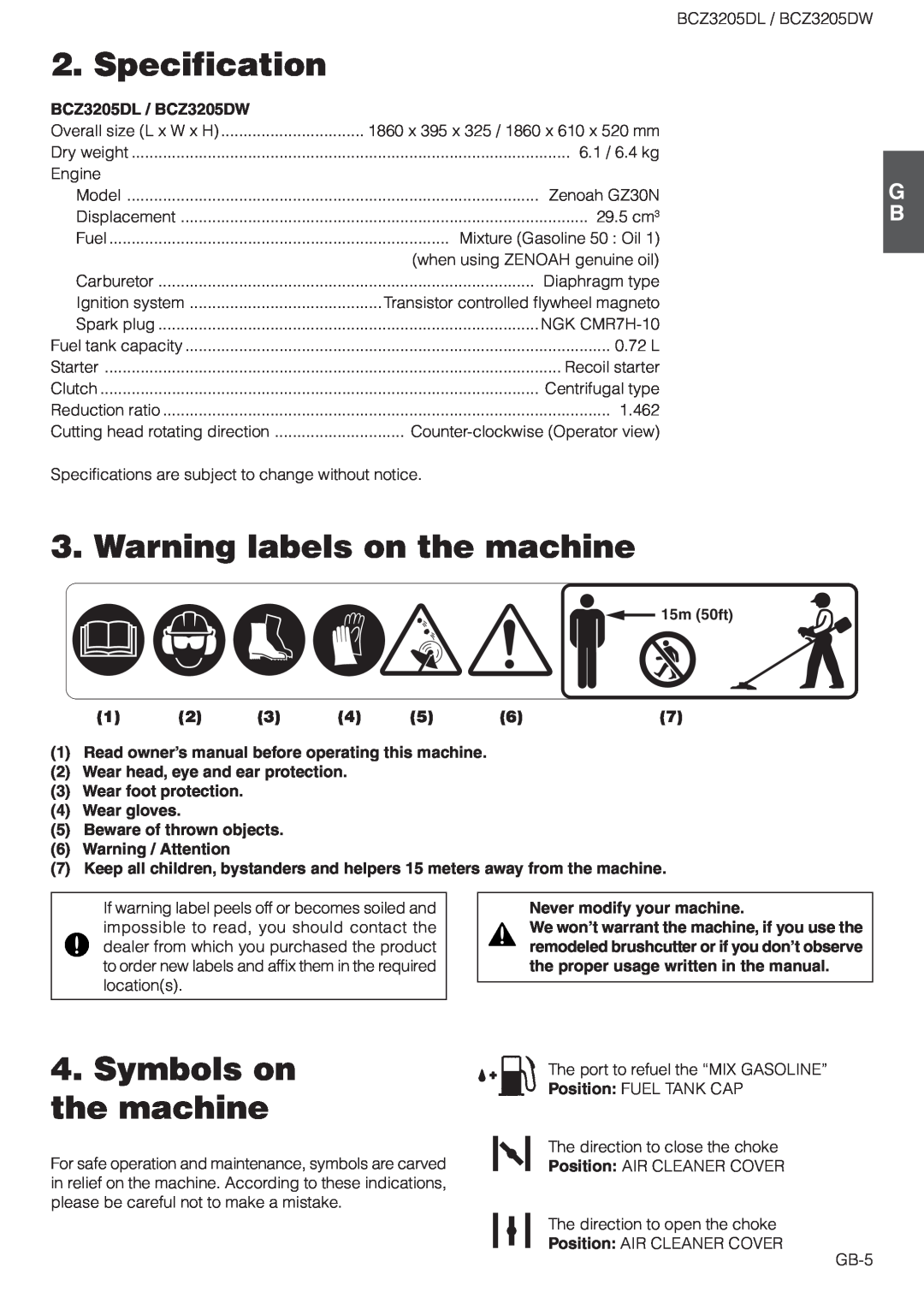 Husqvarna owner manual Specification, Warning labels on the machine, Symbols on the machine, BCZ3205DL / BCZ3205DW 