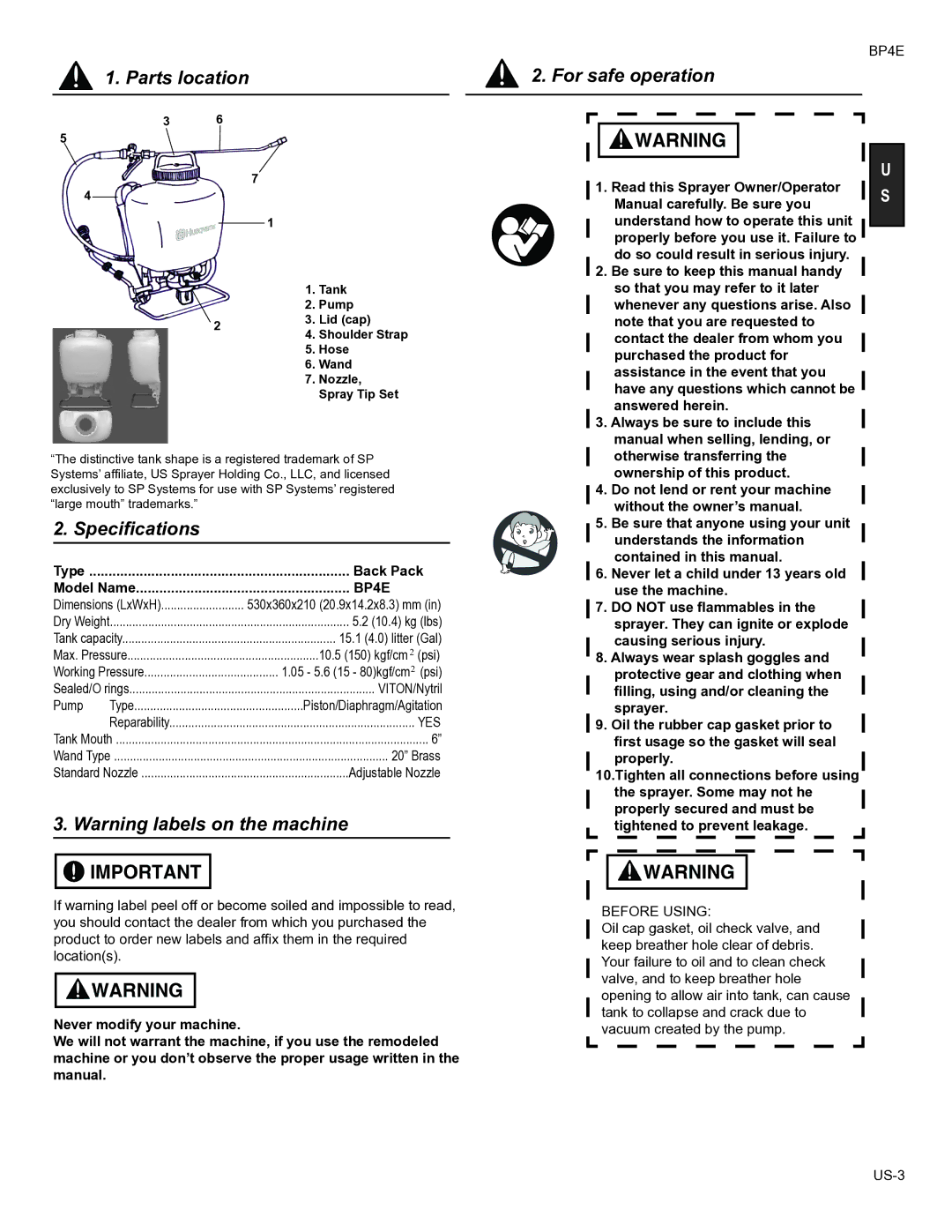 Husqvarna BP4E manual Parts location For safe operation, Specifications 