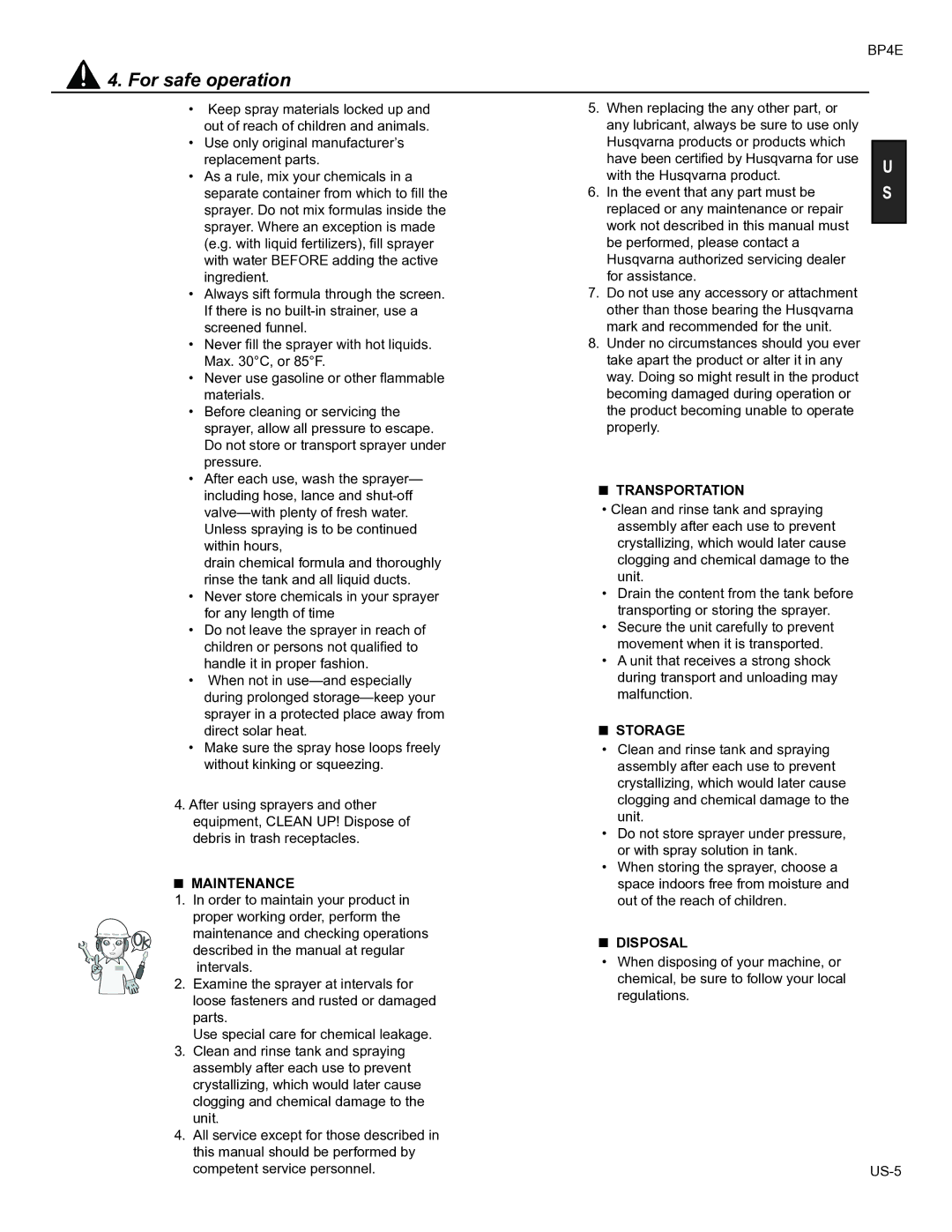 Husqvarna BP4E manual Transportation, Storage, Maintenance, Disposal 