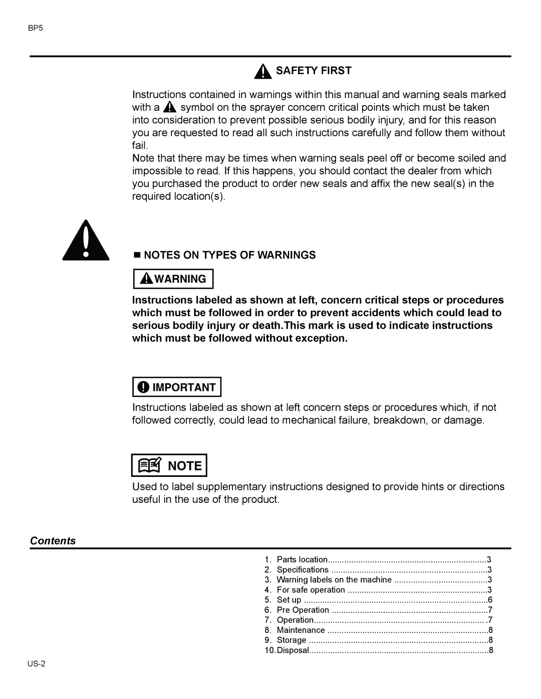 Husqvarna BP5 manual Contents 