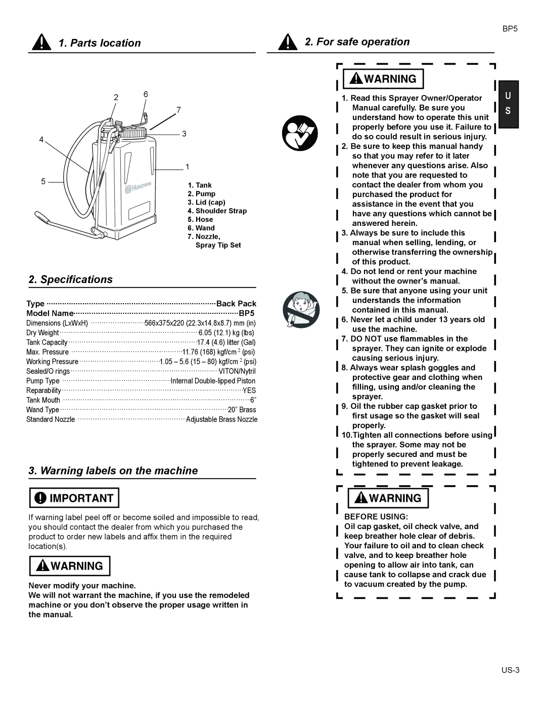 Husqvarna BP5 manual Parts location, Specifications, For safe operation, Before Using 