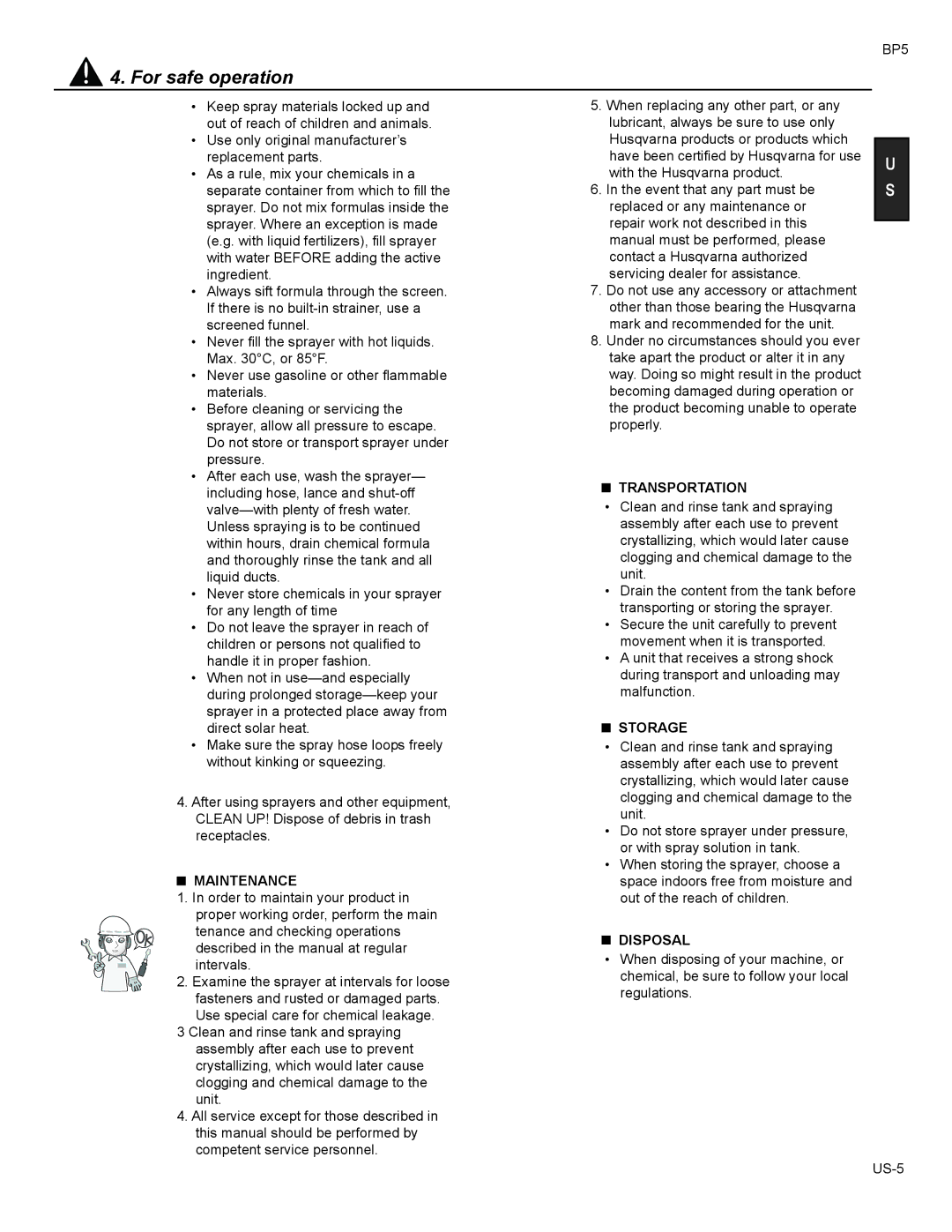 Husqvarna BP5 manual Maintenance, Transportation, Storage, Disposal 