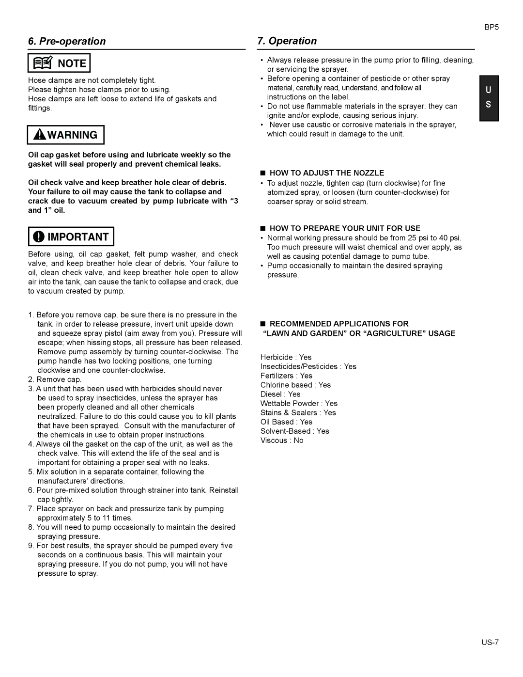 Husqvarna BP5 manual Pre-operation, Operation, HOW to Adjust the Nozzle, HOW to Prepare Your Unit for USE 