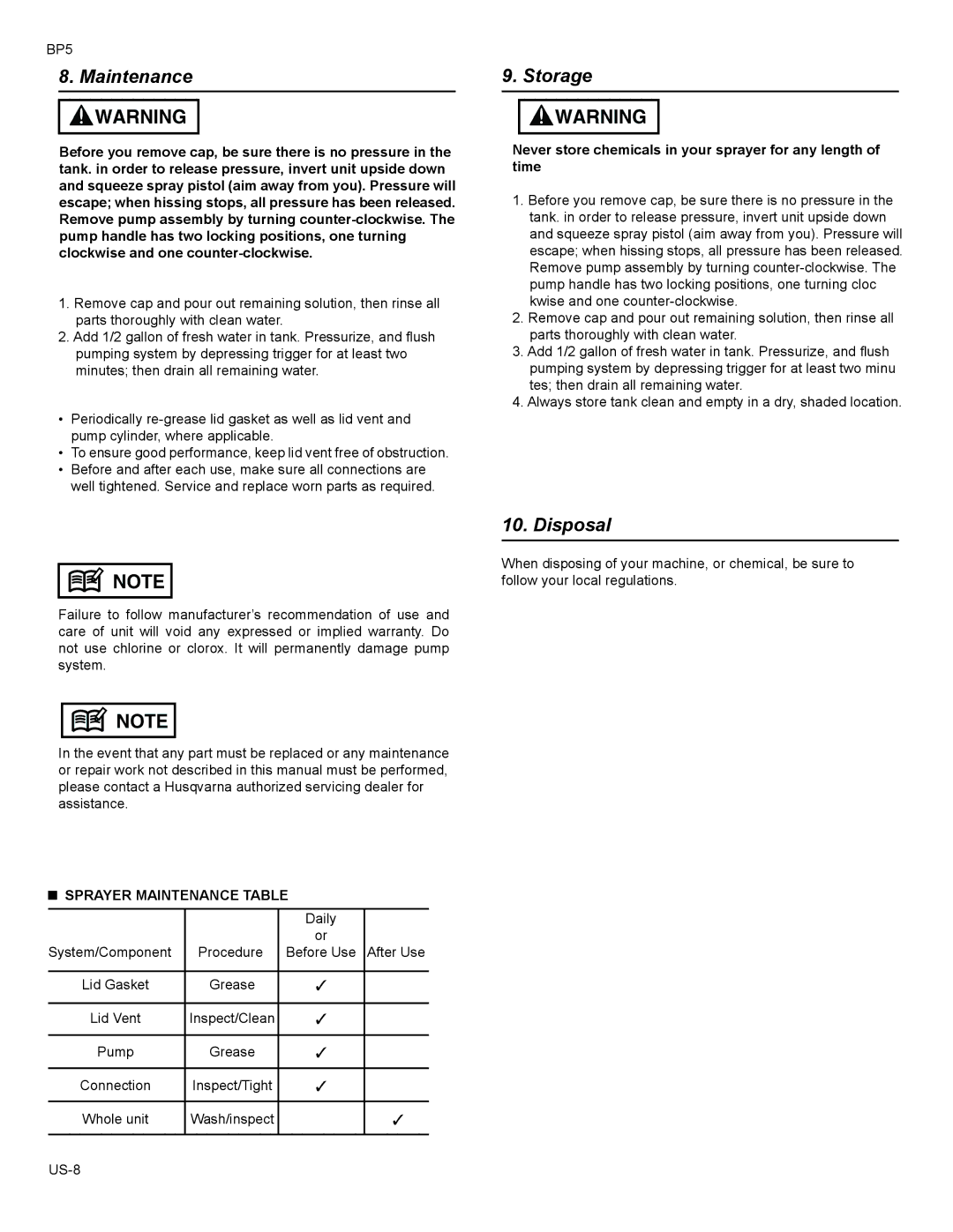 Husqvarna BP5 manual Maintenance Storage, Disposal, Sprayer Maintenance Table 