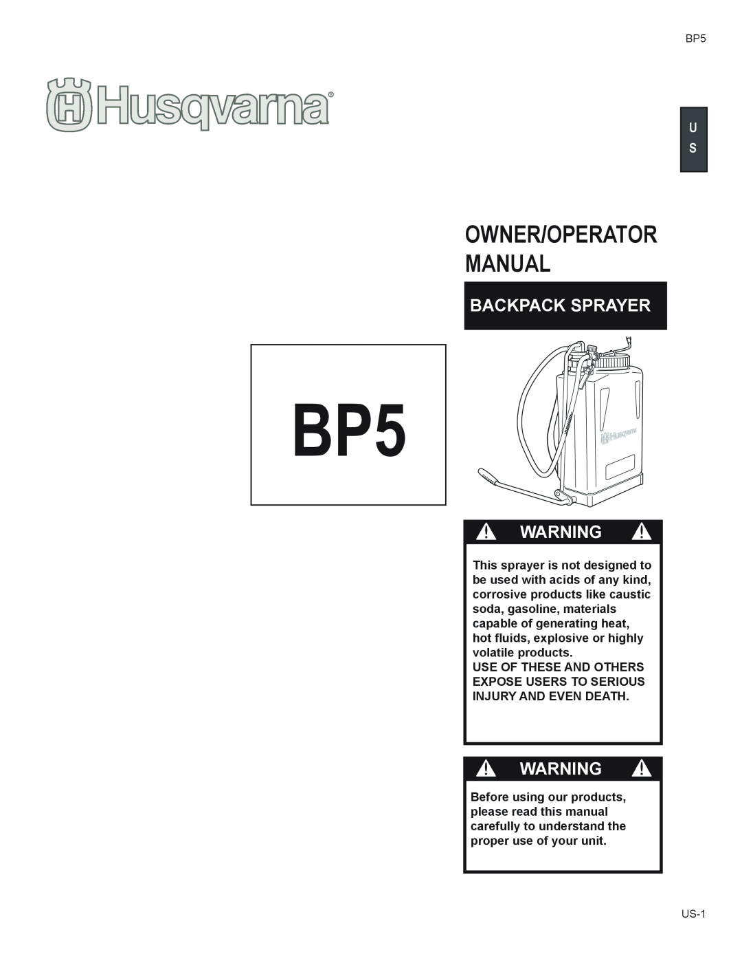 Husqvarna BP5 manual Owner/Operator Manual, Backpack Sprayer 