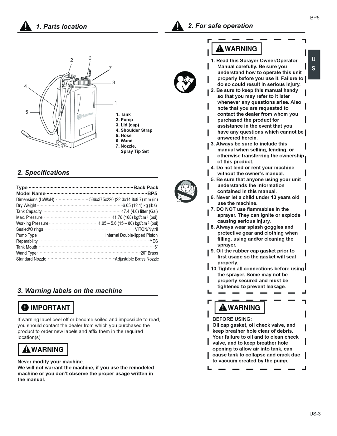 Husqvarna BP5 manual Parts location, Specifications, Warning labels on the machine, For safe operation 