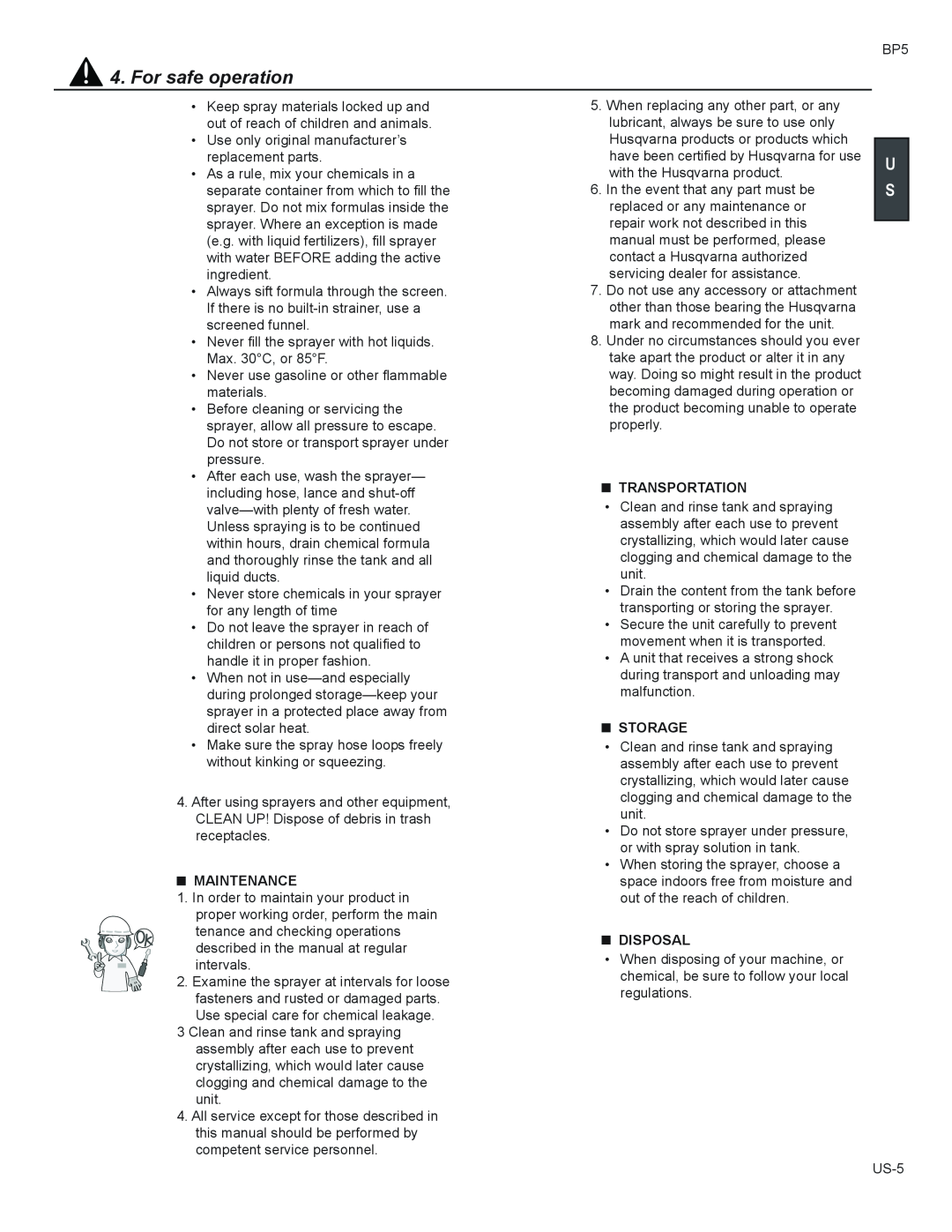 Husqvarna BP5 manual For safe operation, Maintenance, Transportation, Storage, Disposal 