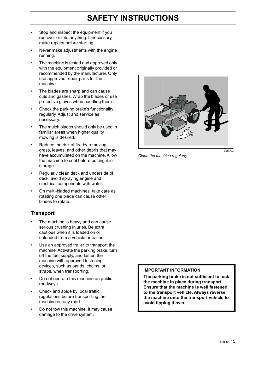 Husqvarna BZ 27, BZ 34 manual Transport 