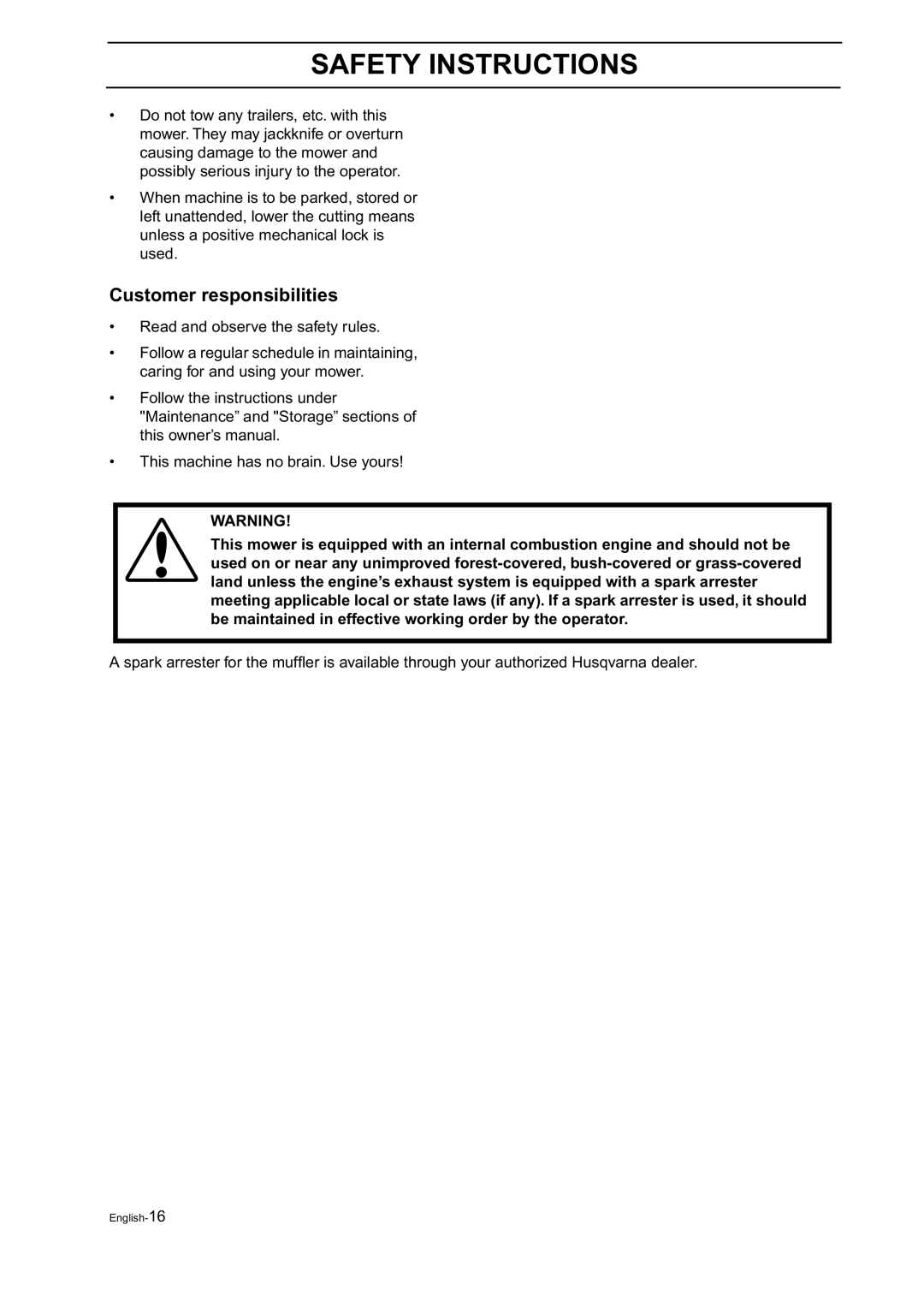 Husqvarna BZ 34, BZ 27 manual Customer responsibilities 