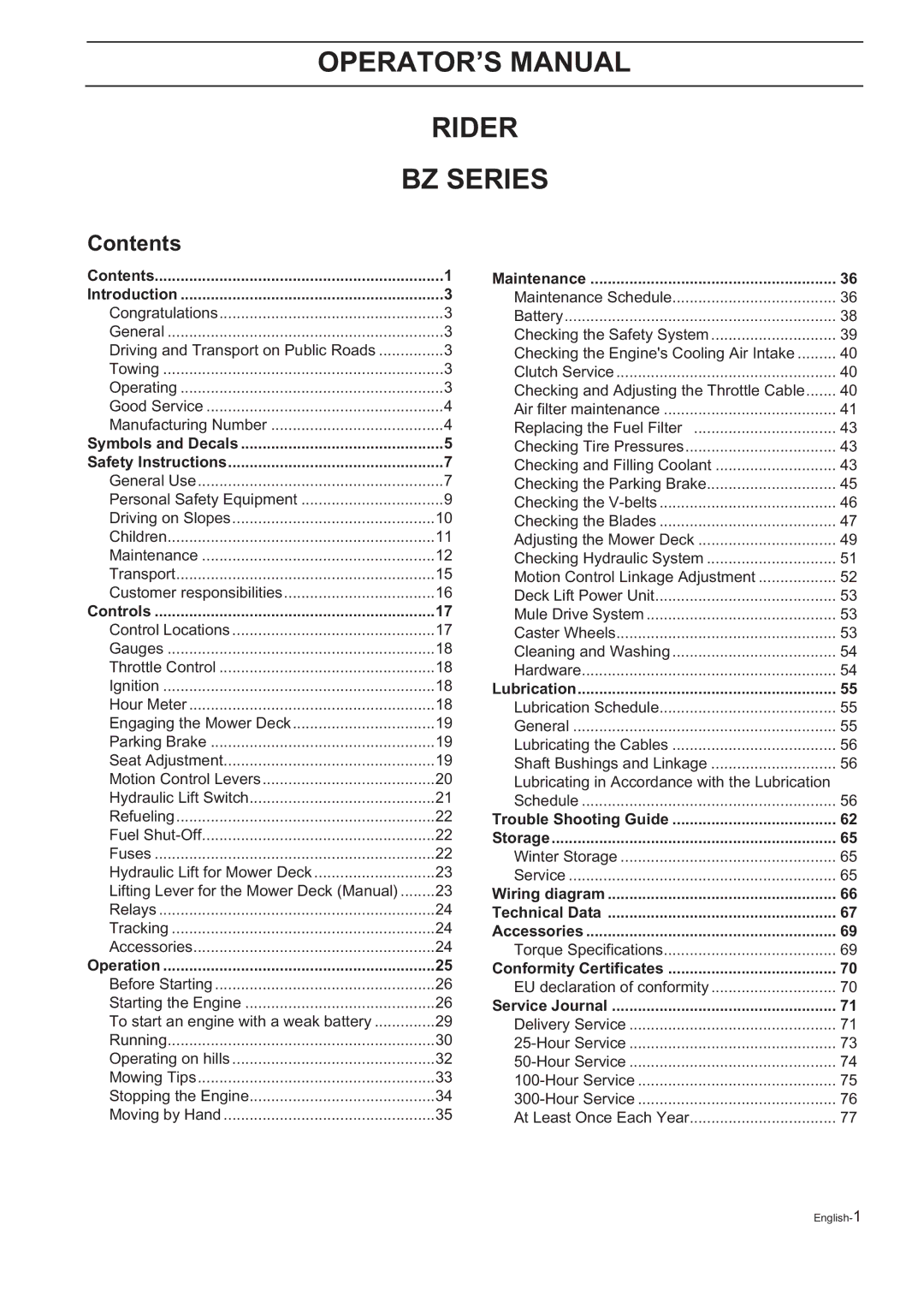 Husqvarna BZ 27, BZ 34 manual OPERATOR’S Manual Rider BZ Series, Contents 