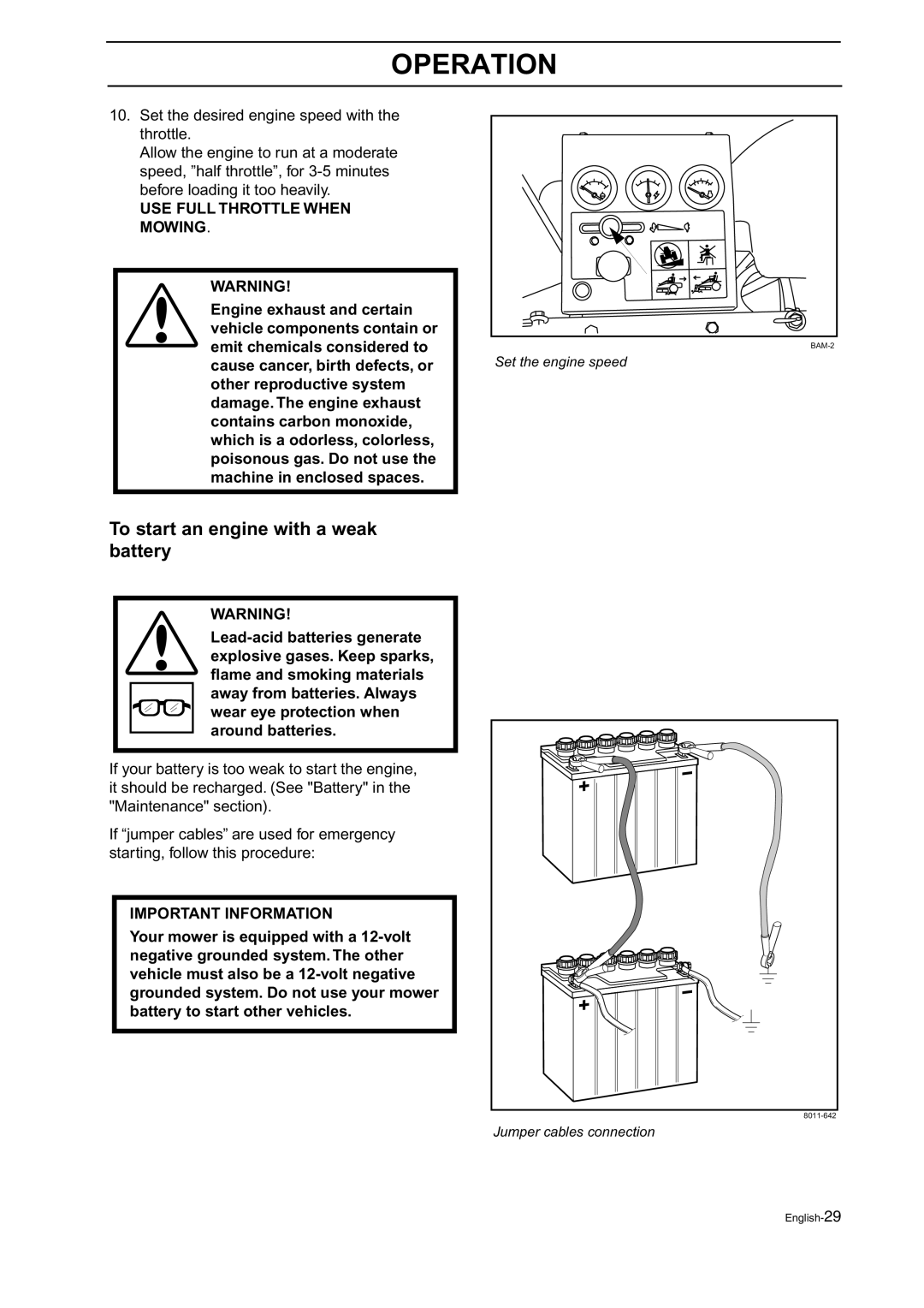 Husqvarna BZ 27, BZ 34 manual To start an engine with a weak battery, USE Full Throttle When Mowing 