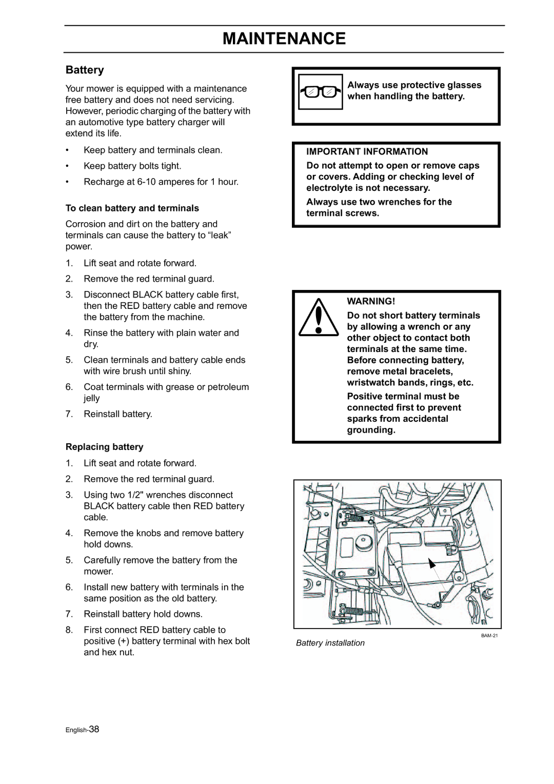 Husqvarna BZ 34, BZ 27 manual Battery, To clean battery and terminals, Replacing battery 