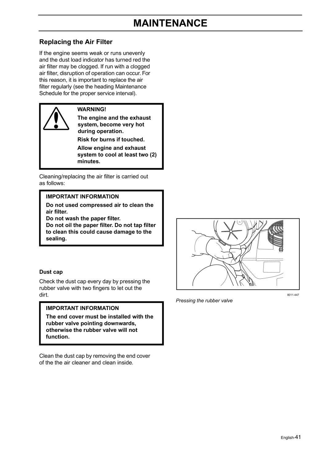 Husqvarna BZ 27, BZ 34 manual Replacing the Air Filter 