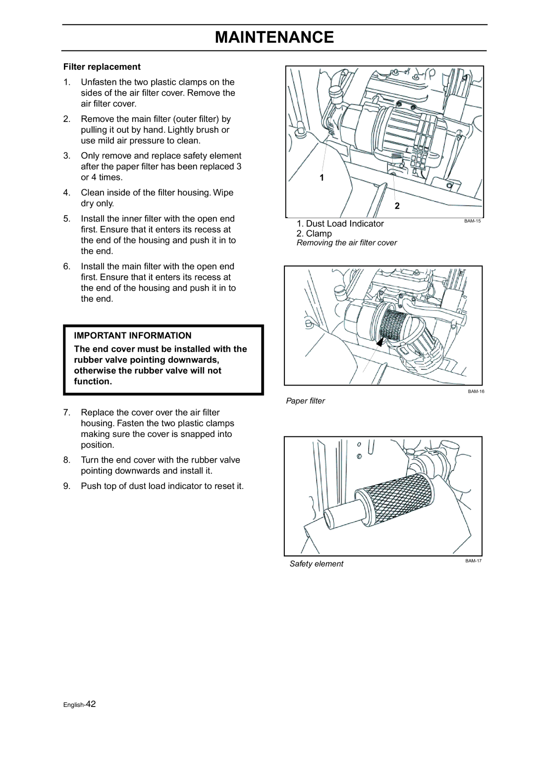 Husqvarna BZ 34, BZ 27 manual Filter replacement 