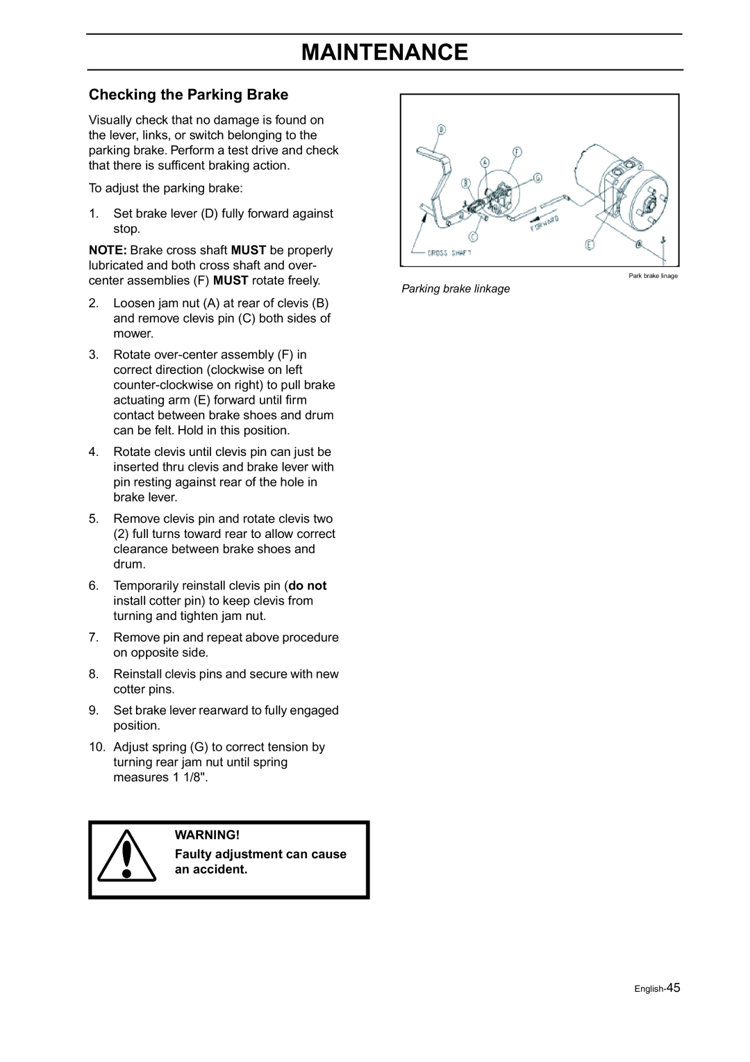 Husqvarna BZ 27, BZ 34 manual Checking the Parking Brake, Faulty adjustment can cause an accident 