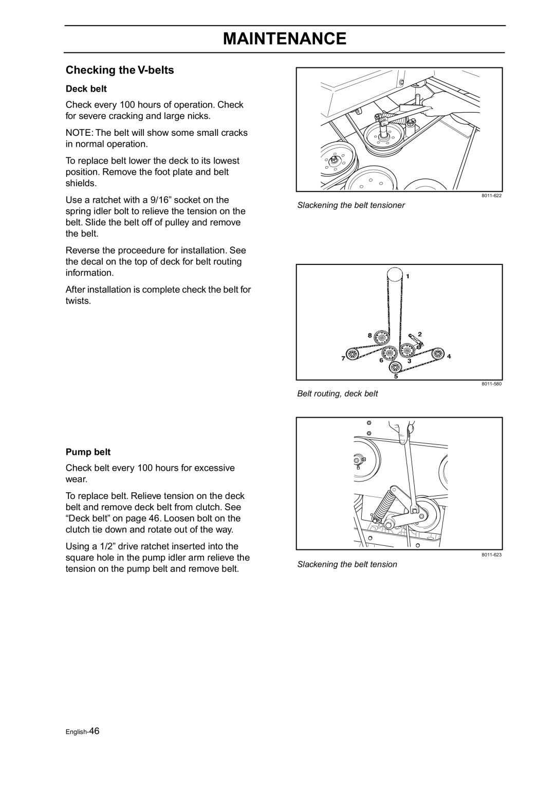 Husqvarna BZ 34, BZ 27 manual Checking the V-belts, Deck belt, Pump belt 