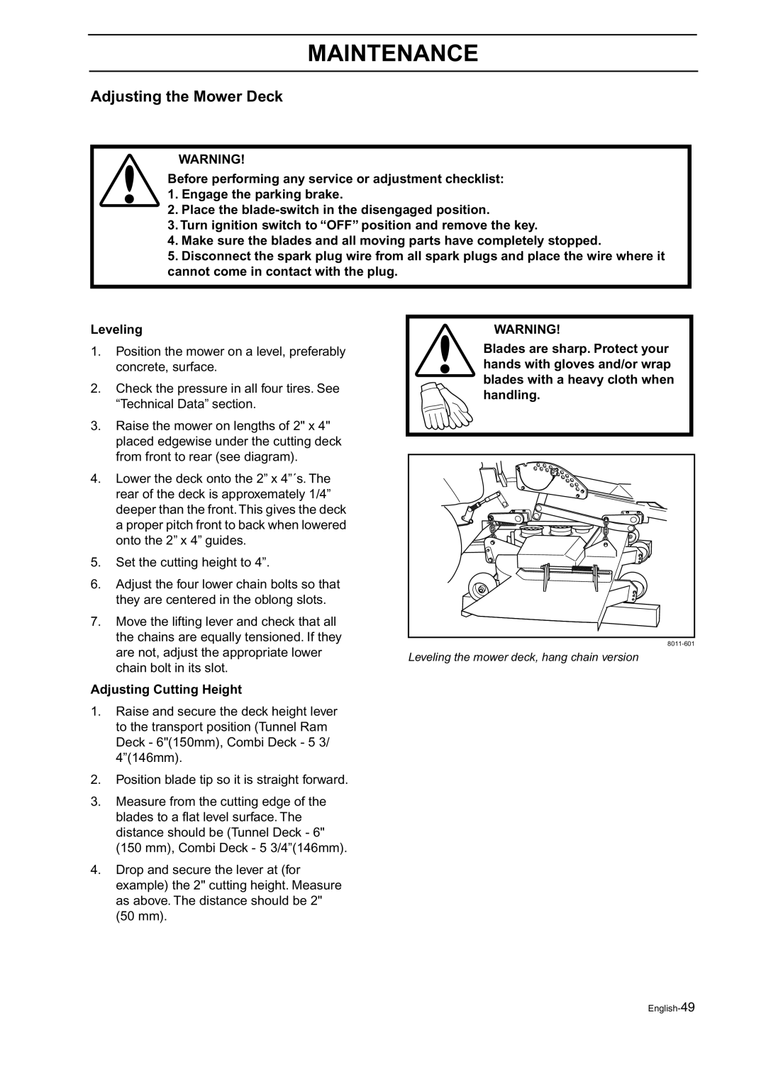 Husqvarna BZ 27, BZ 34 manual Adjusting the Mower Deck, Adjusting Cutting Height 