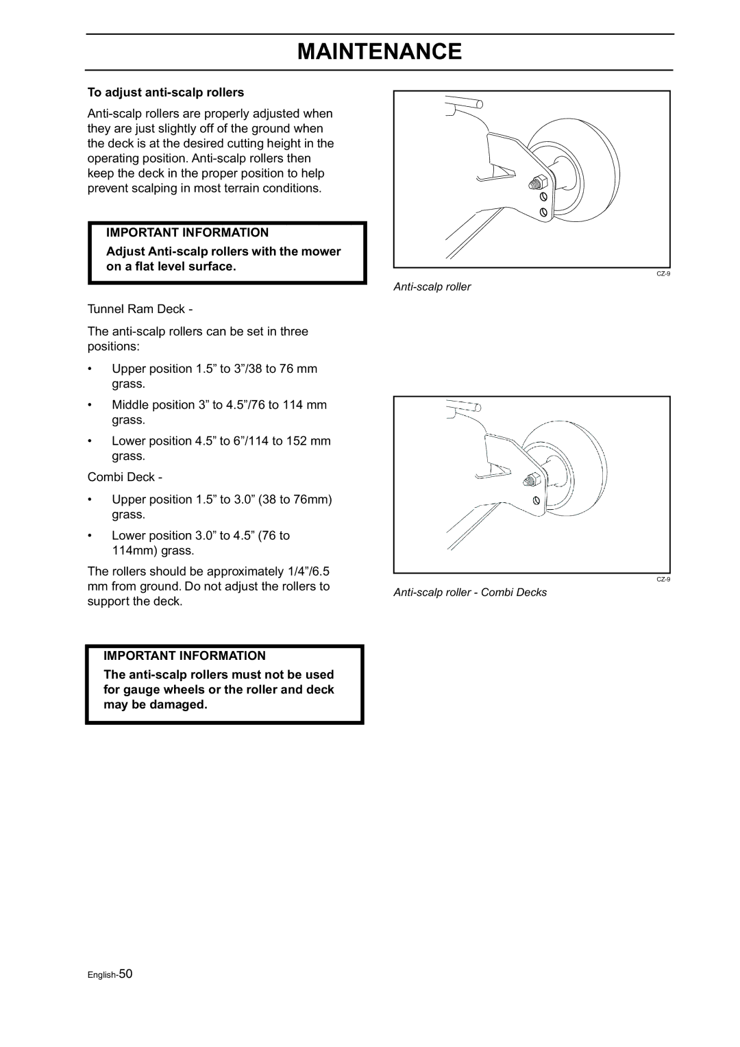 Husqvarna BZ 34, BZ 27 manual To adjust anti-scalp rollers 