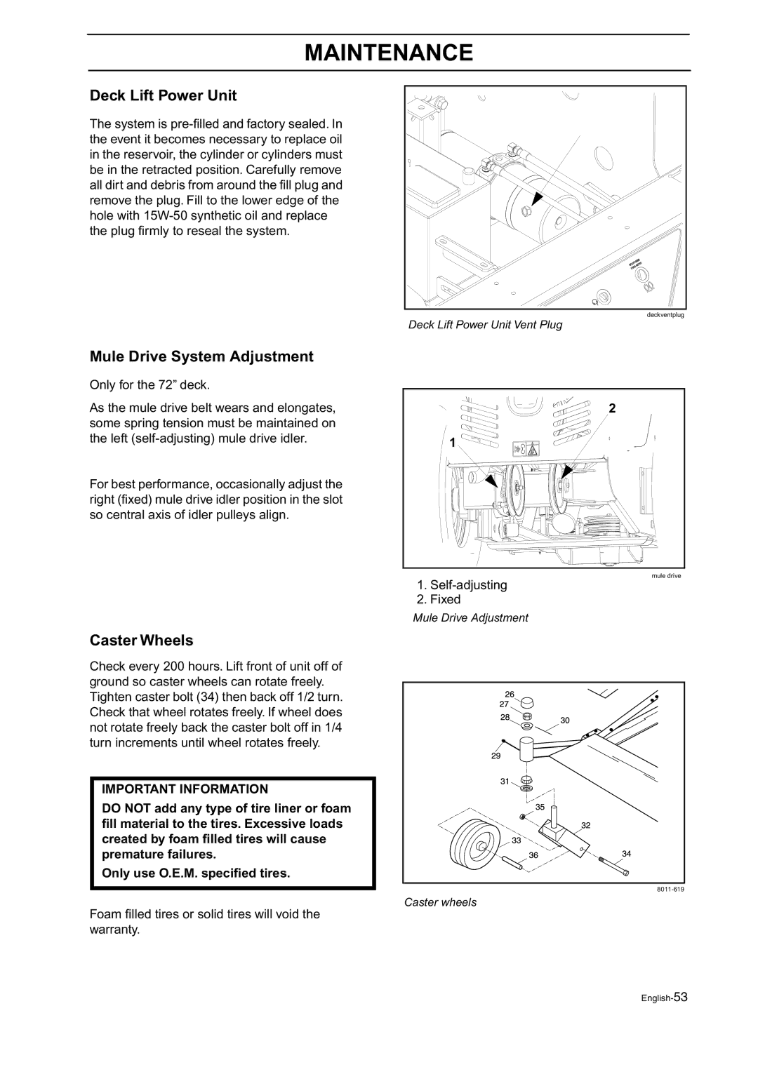 Husqvarna BZ 27, BZ 34 manual Deck Lift Power Unit, Mule Drive System Adjustment, Caster Wheels 