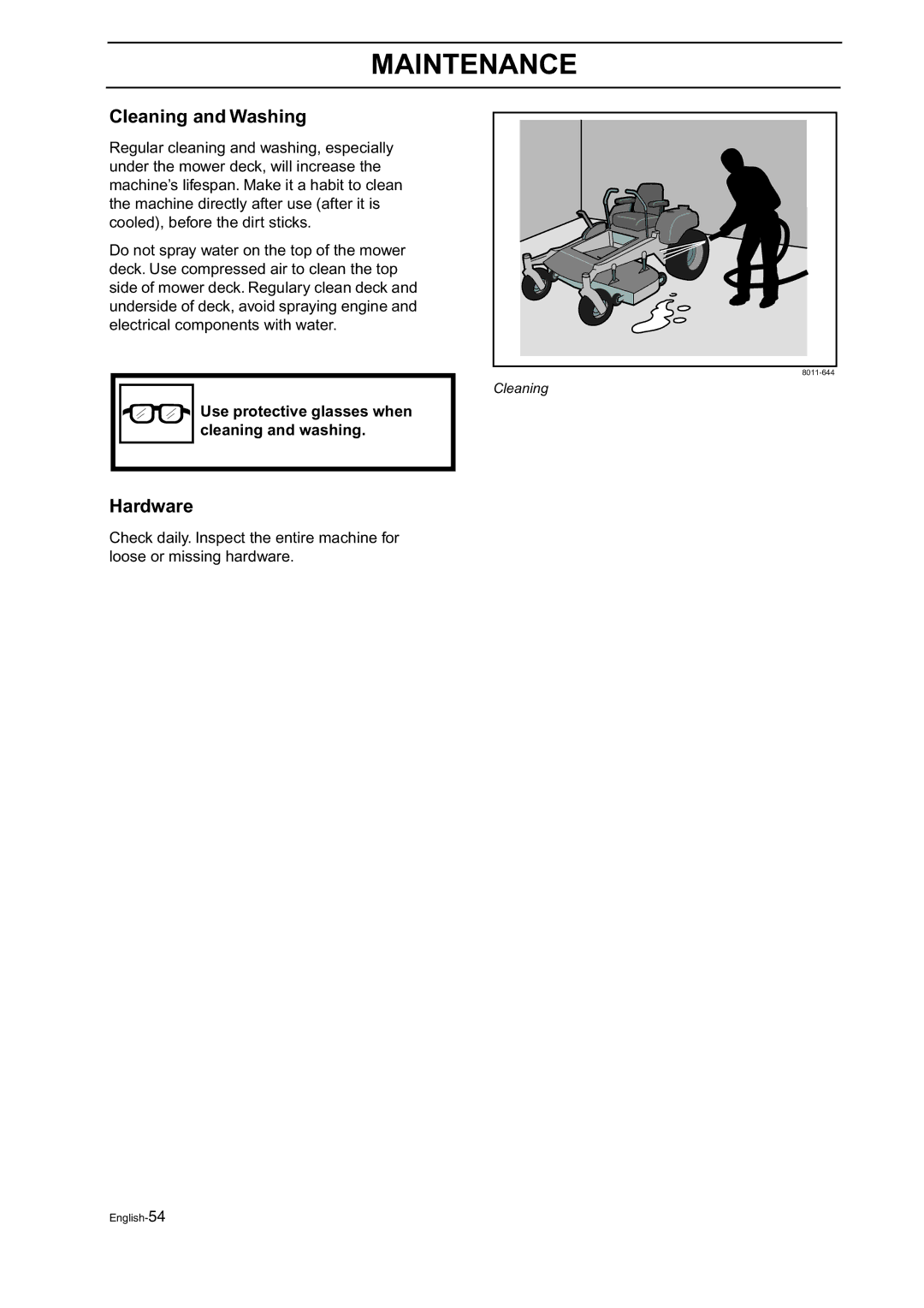 Husqvarna BZ 34, BZ 27 manual Cleaning and Washing, Hardware, Use protective glasses when cleaning and washing 