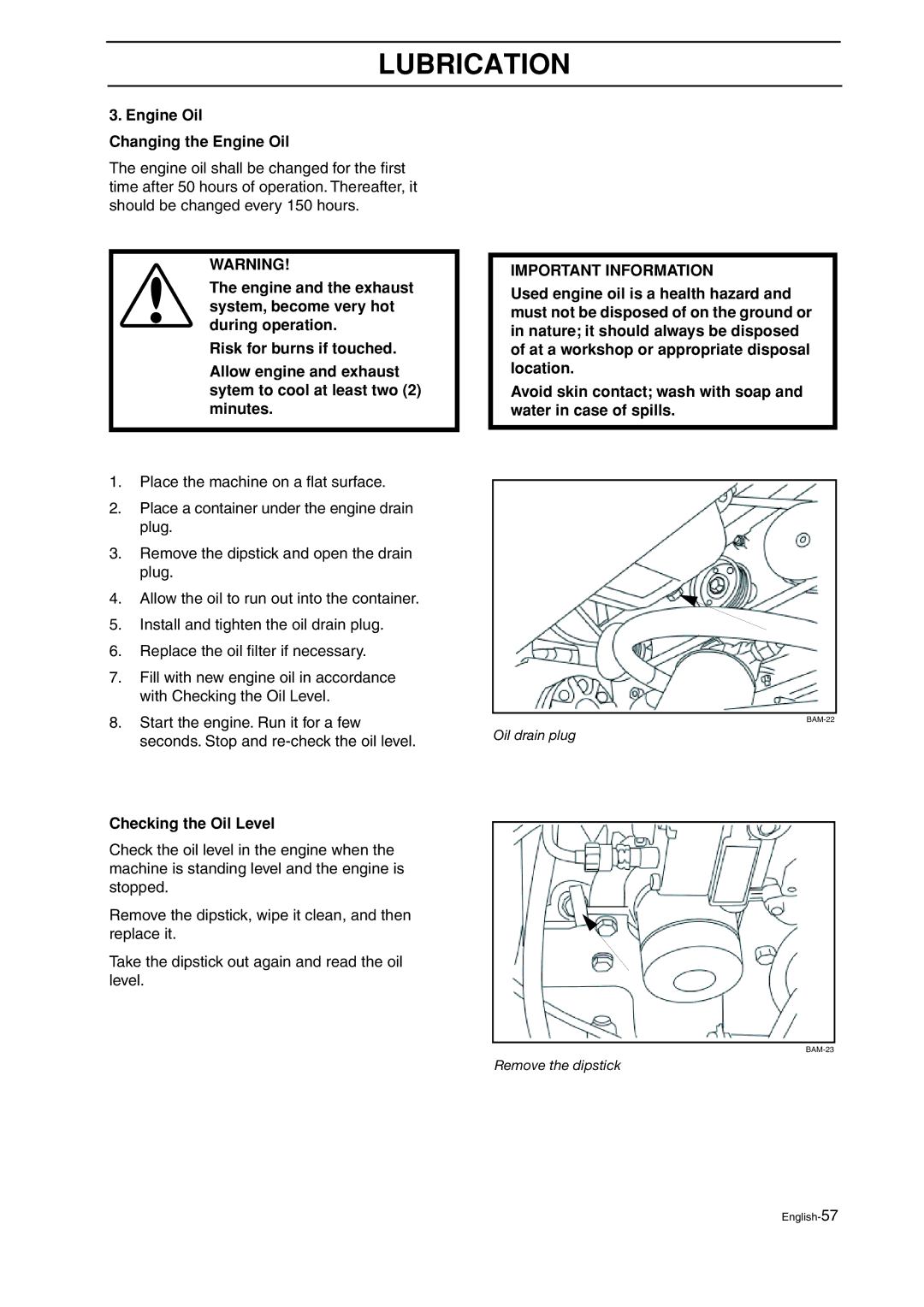 Husqvarna BZ 27, BZ 34 manual Engine Oil Changing the Engine Oil, Checking the Oil Level 