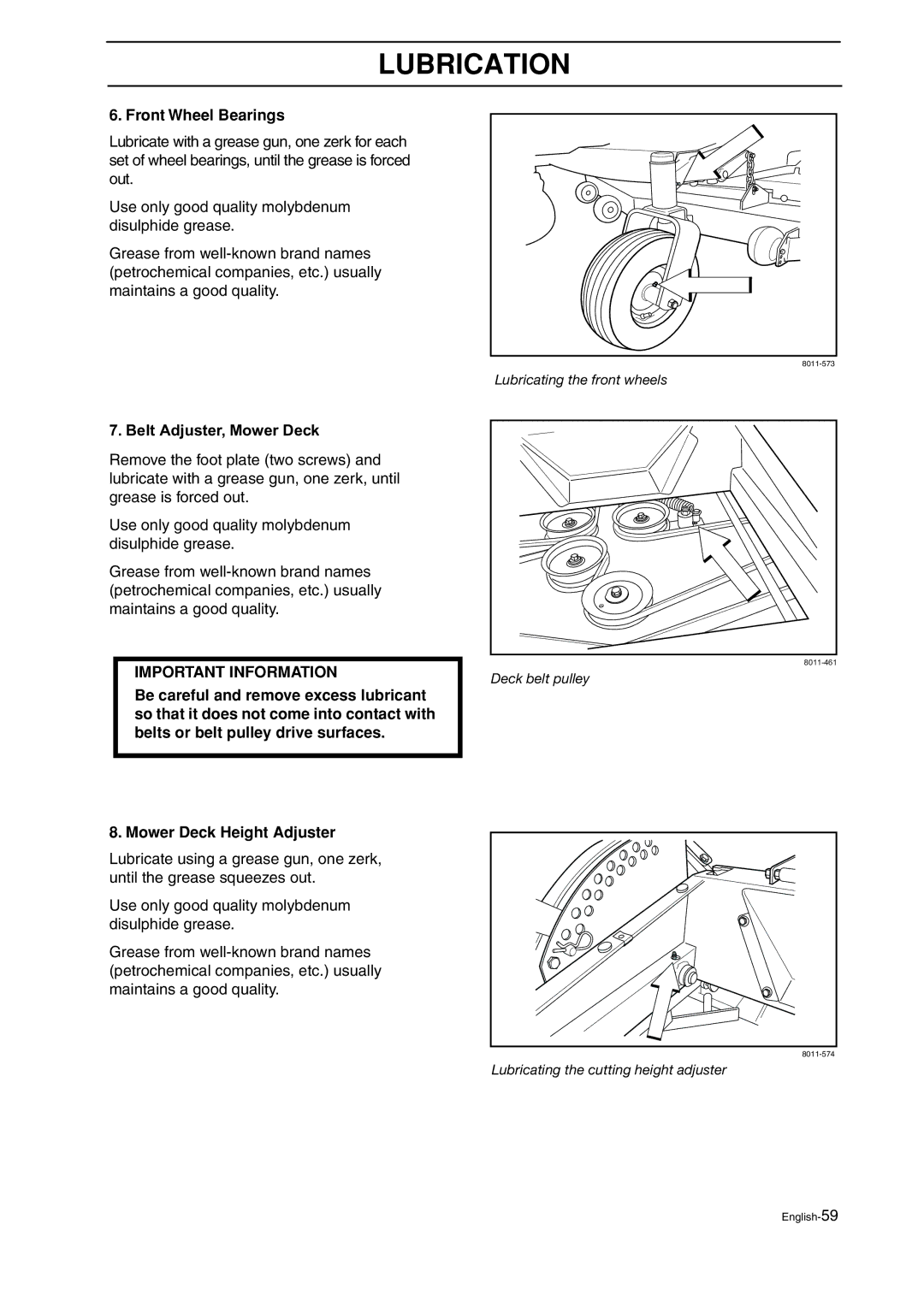 Husqvarna BZ 27, BZ 34 manual Front Wheel Bearings, Belt Adjuster, Mower Deck 