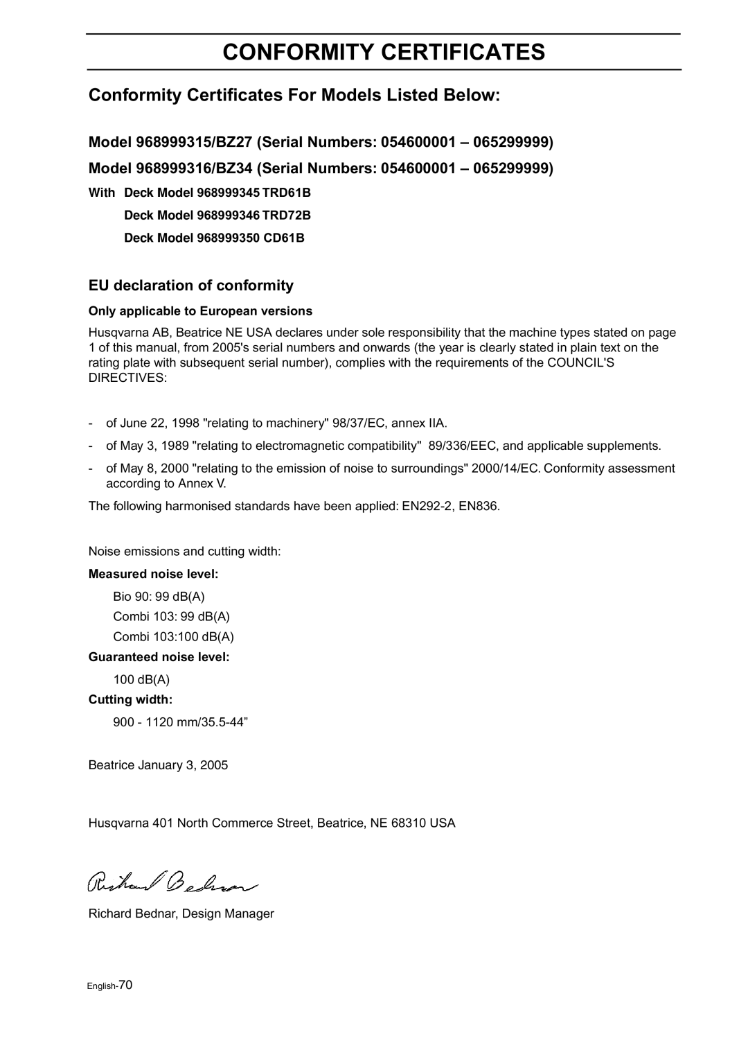 Husqvarna BZ 34 Conformity Certificates, Conformity Certiﬁcates For Models Listed Below, EU declaration of conformity 