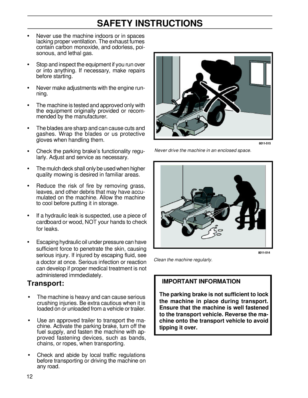 Husqvarna BZ7234TD/968999264, BZ6127TD/968999262 manual Transport, Important Information 